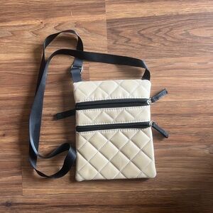 Quilted Beige Crossbody Bag with Black Strap